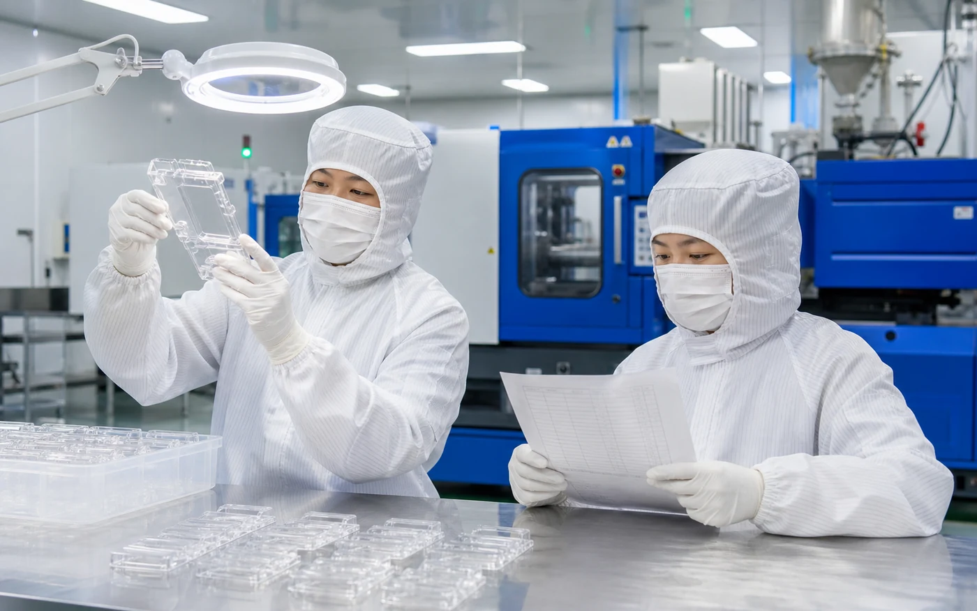 Chinese cleanroom technicians inspecting injection molded plastic parts