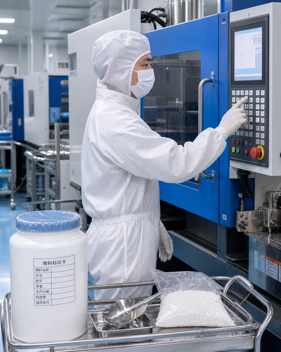 Chinese technician preparing an injection molding machine in an ISO Class 8 cleanroom