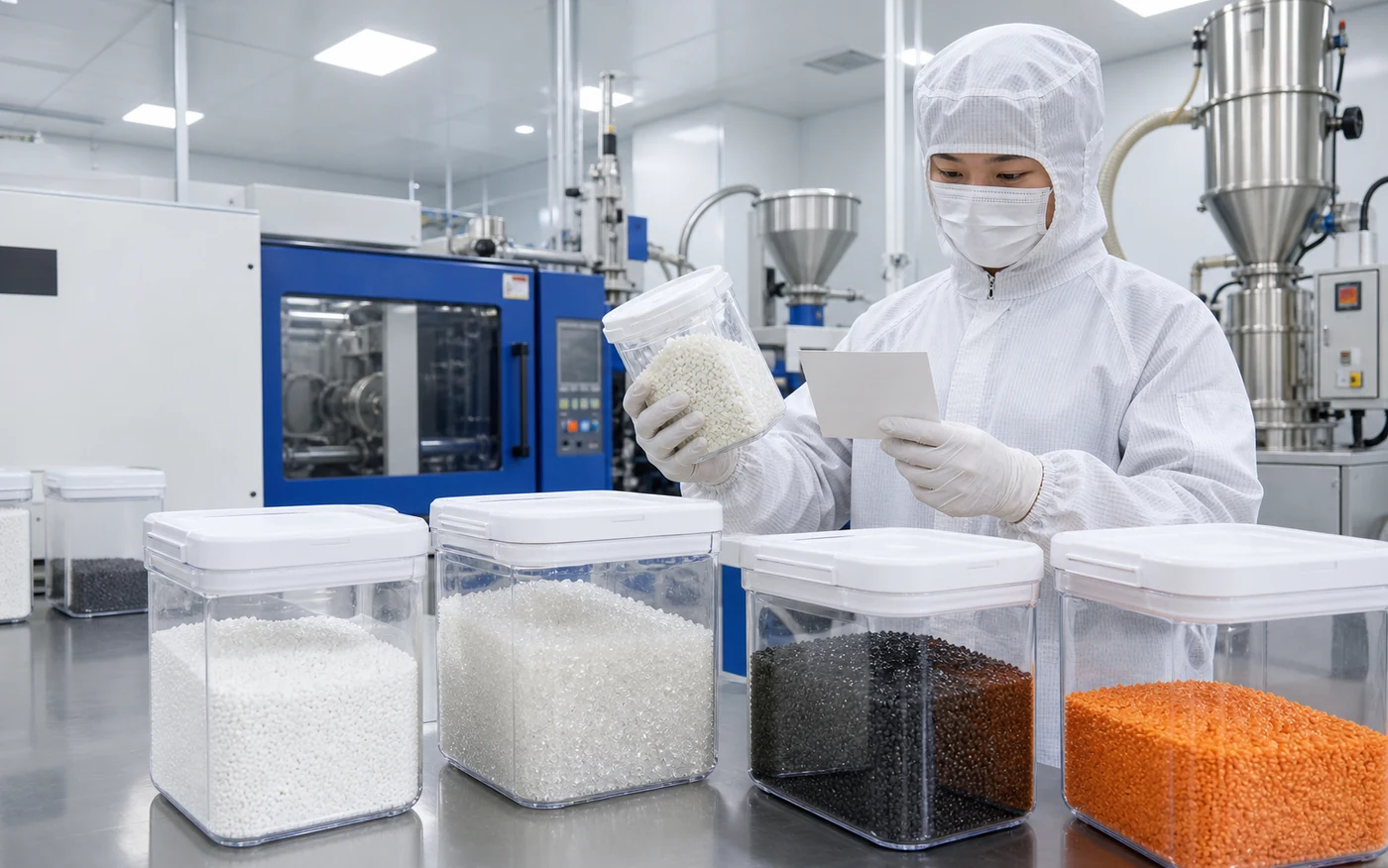 Thermoplastic resin and batch preparation for cleanroom injection molding