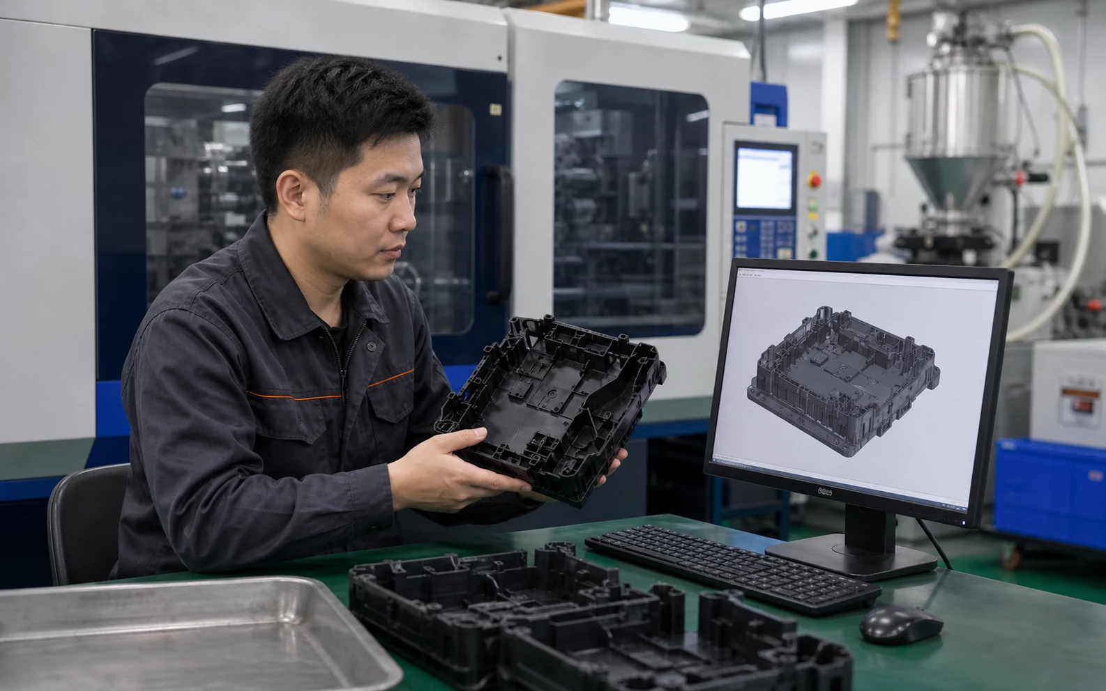 Chinese engineer comparing an engineering plastic molded housing with its CAD model