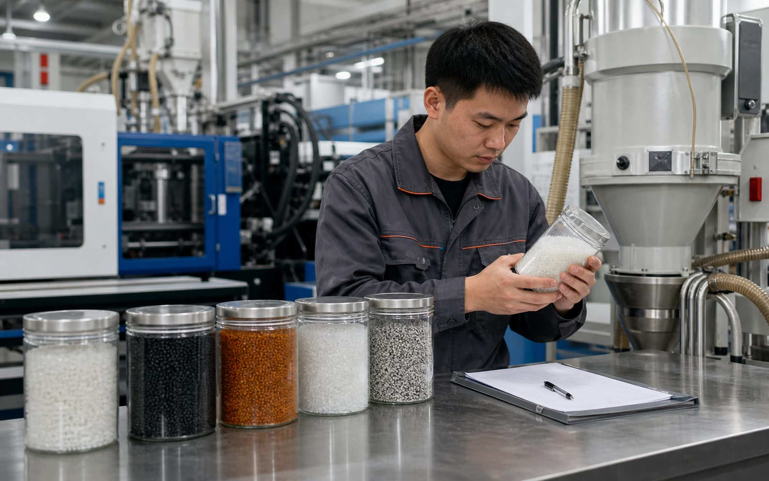 Engineering plastic resin preparation beside injection molding equipment