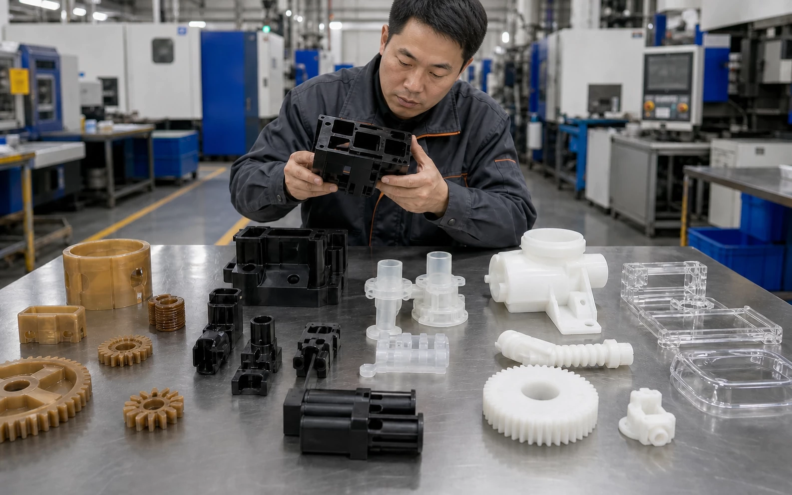 Chinese technician inspecting injection molded engineering plastic parts in a Shenzhen factory