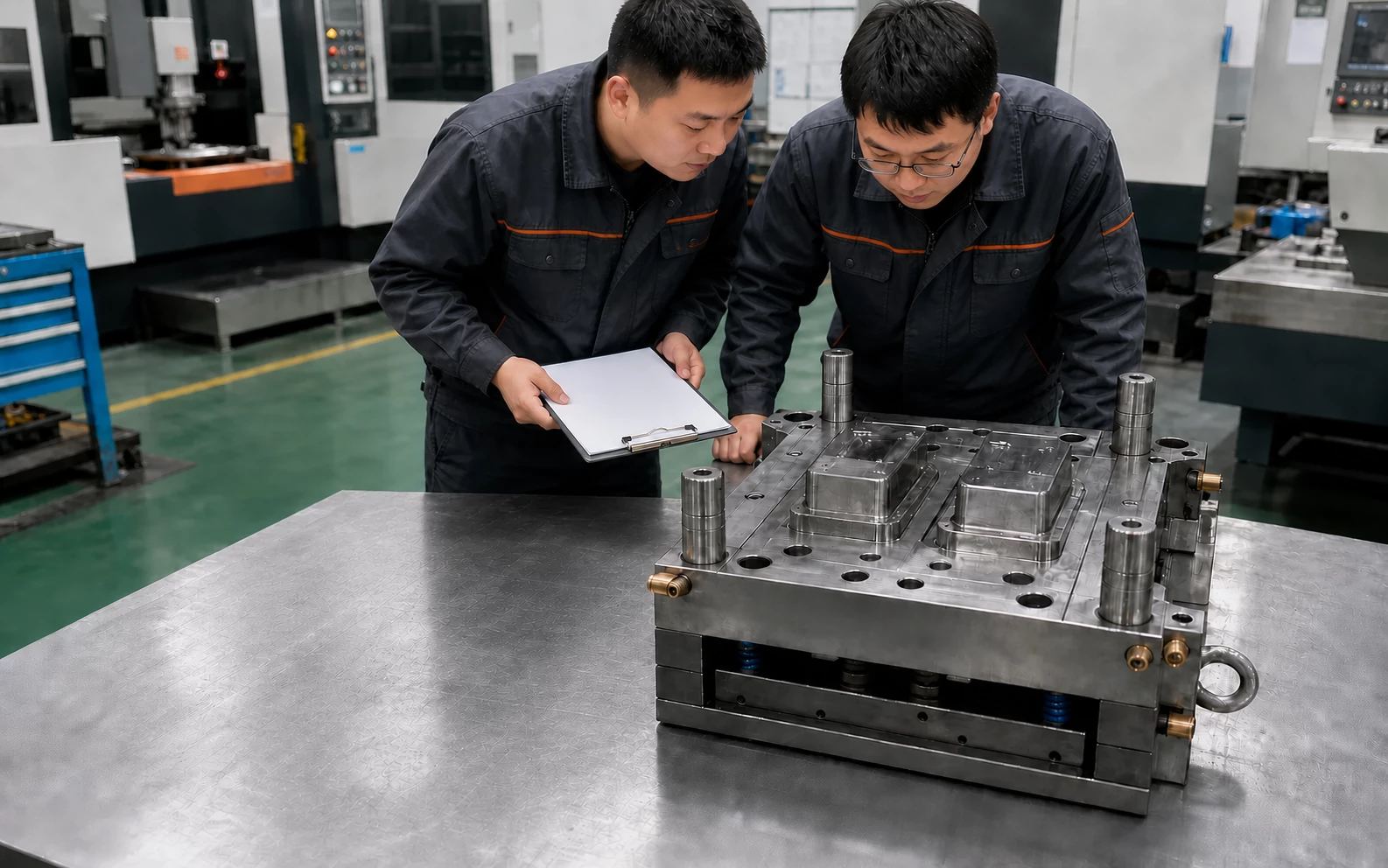 Chinese tooling engineers reviewing production tooling for engineering plastic injection molding