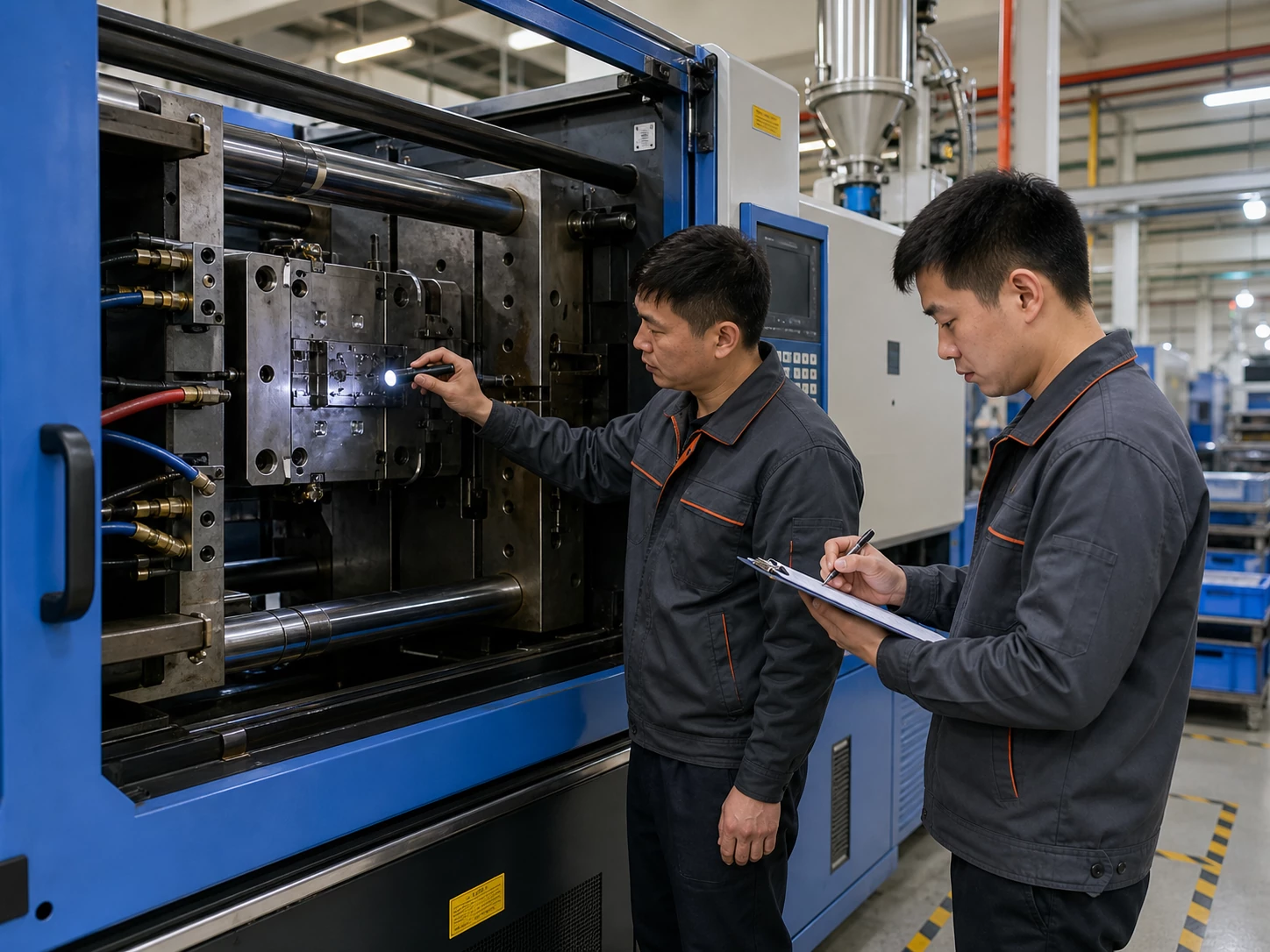 Chinese tooling technicians checking injection mold installation before a production trial