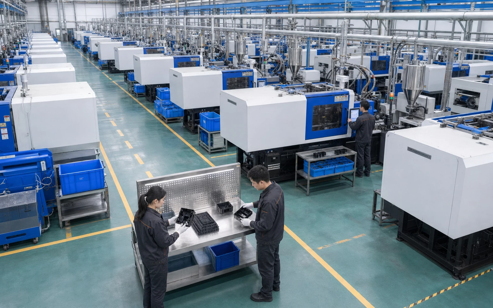 Organized injection molding production floor with Chinese technicians inspecting molded parts