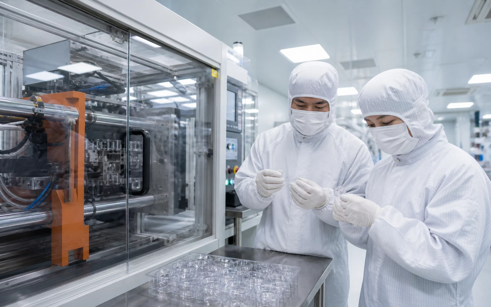 Chinese cleanroom technicians inspecting transparent injection molded components