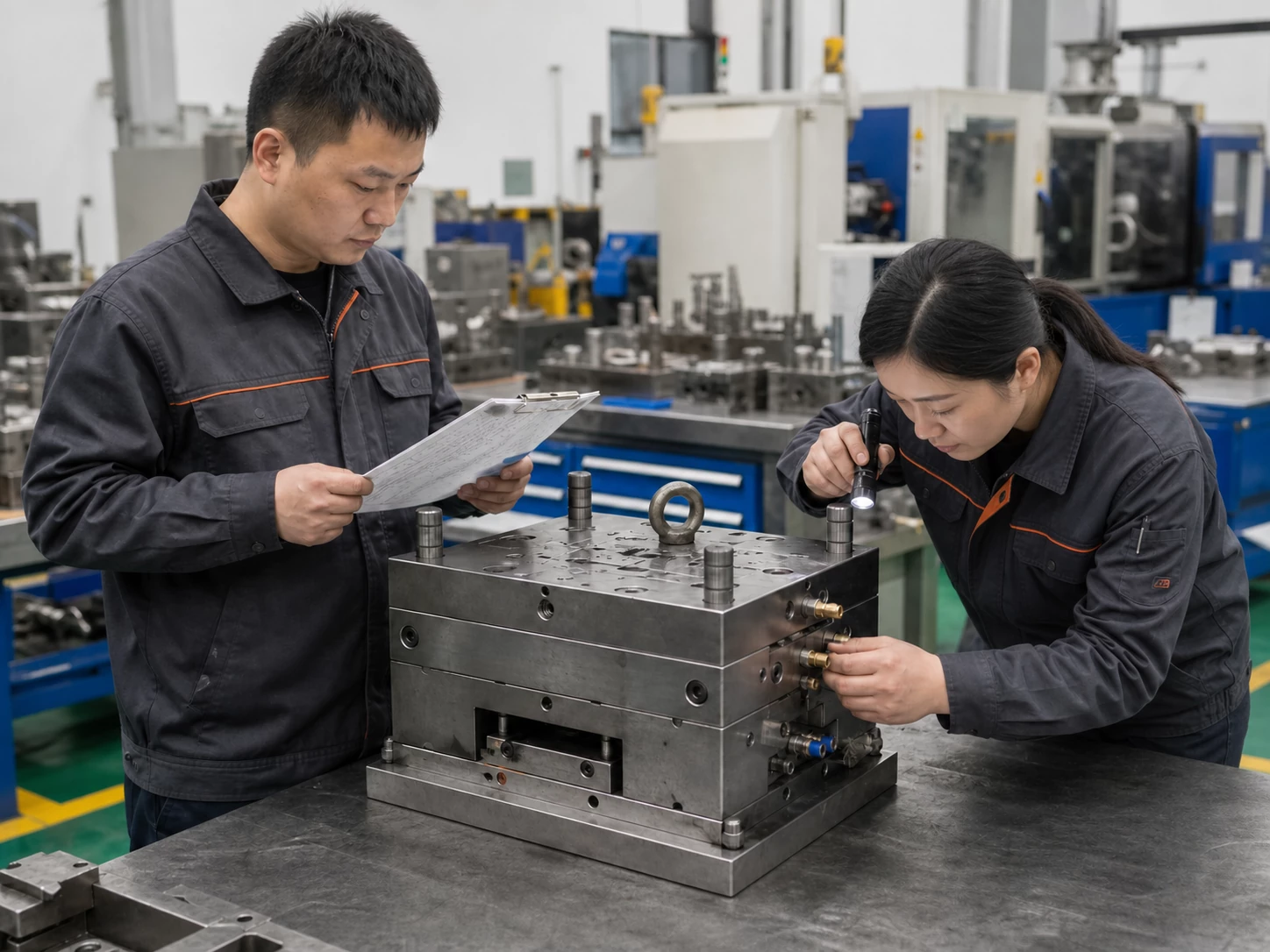 Chinese tooling technicians inspecting production mold assembly before injection molding trials
