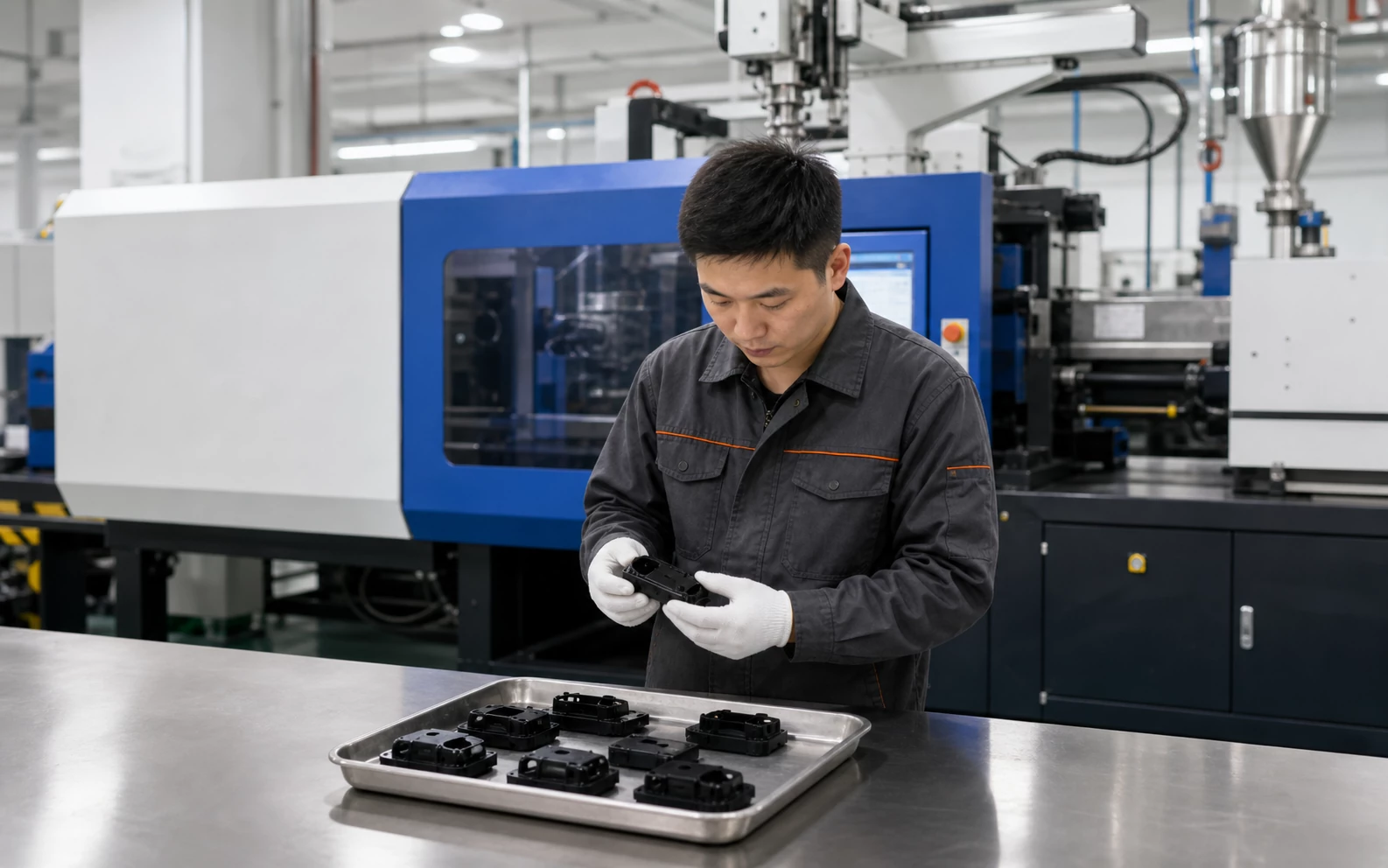 Chinese technician inspecting production injection molded plastic parts
