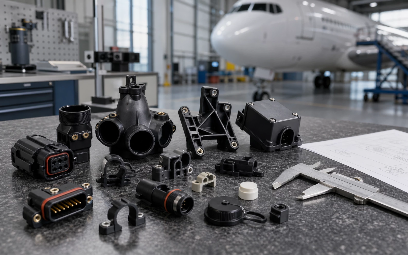 Aerospace plastic injection molded connector housings clamps brackets and sensor enclosures