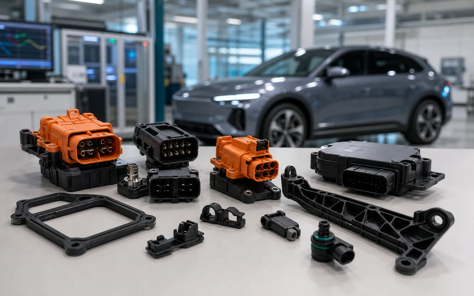 Automotive injection molded connectors housings and structural plastic components