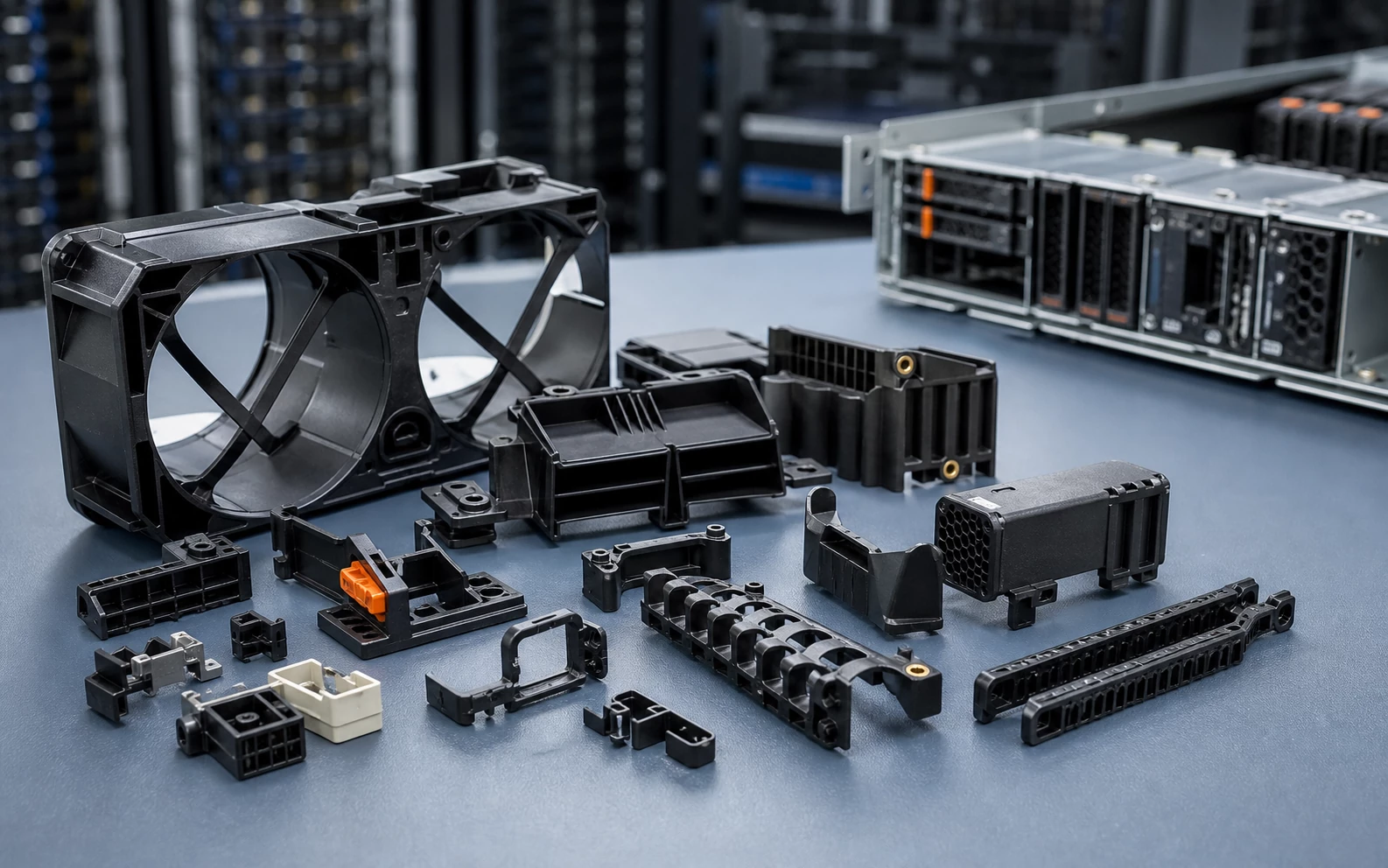 Data center injection molded fan shrouds airflow guides cable clips and server equipment parts
