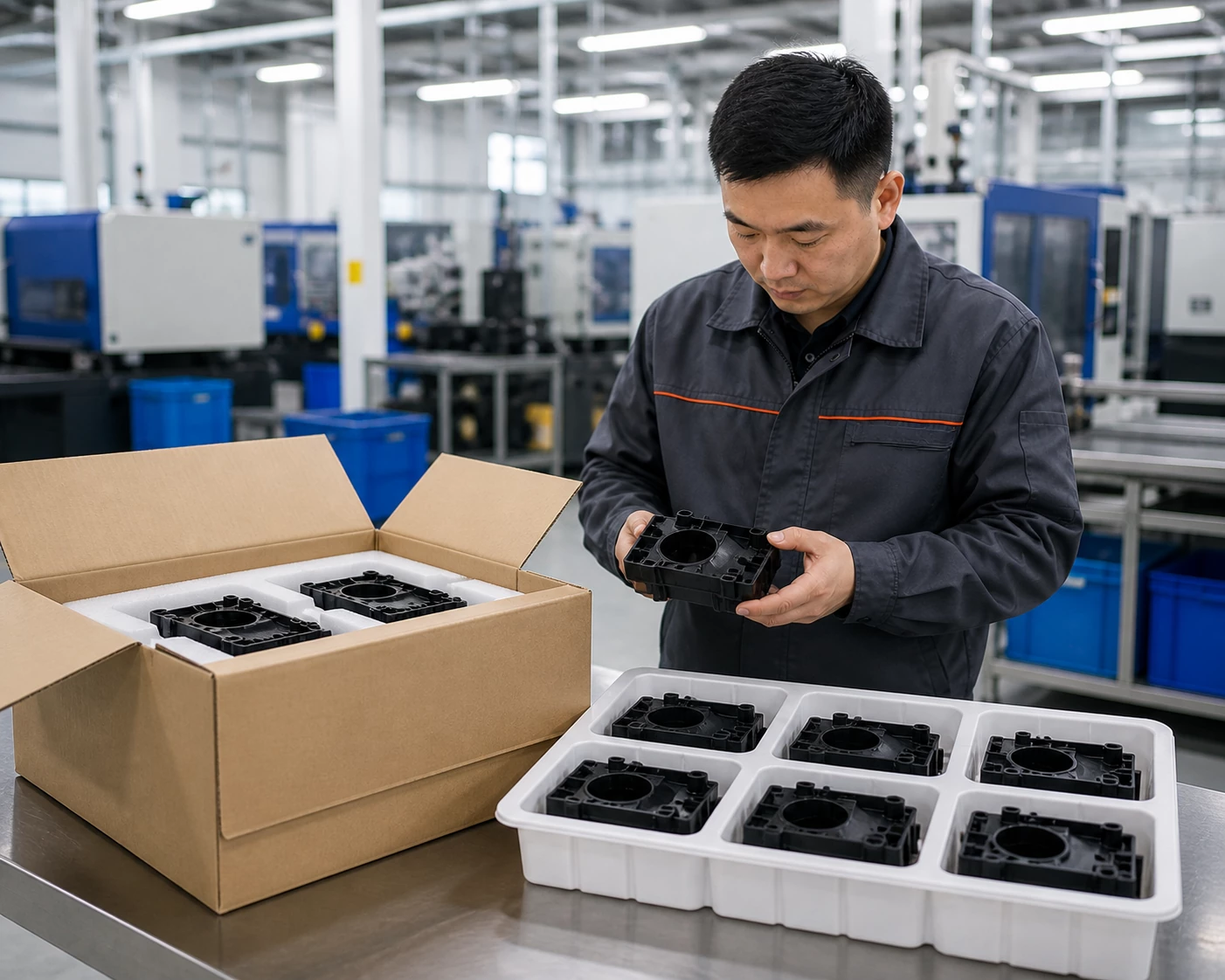 Quality inspector reviewing finished injection molded parts before packaging for shipment