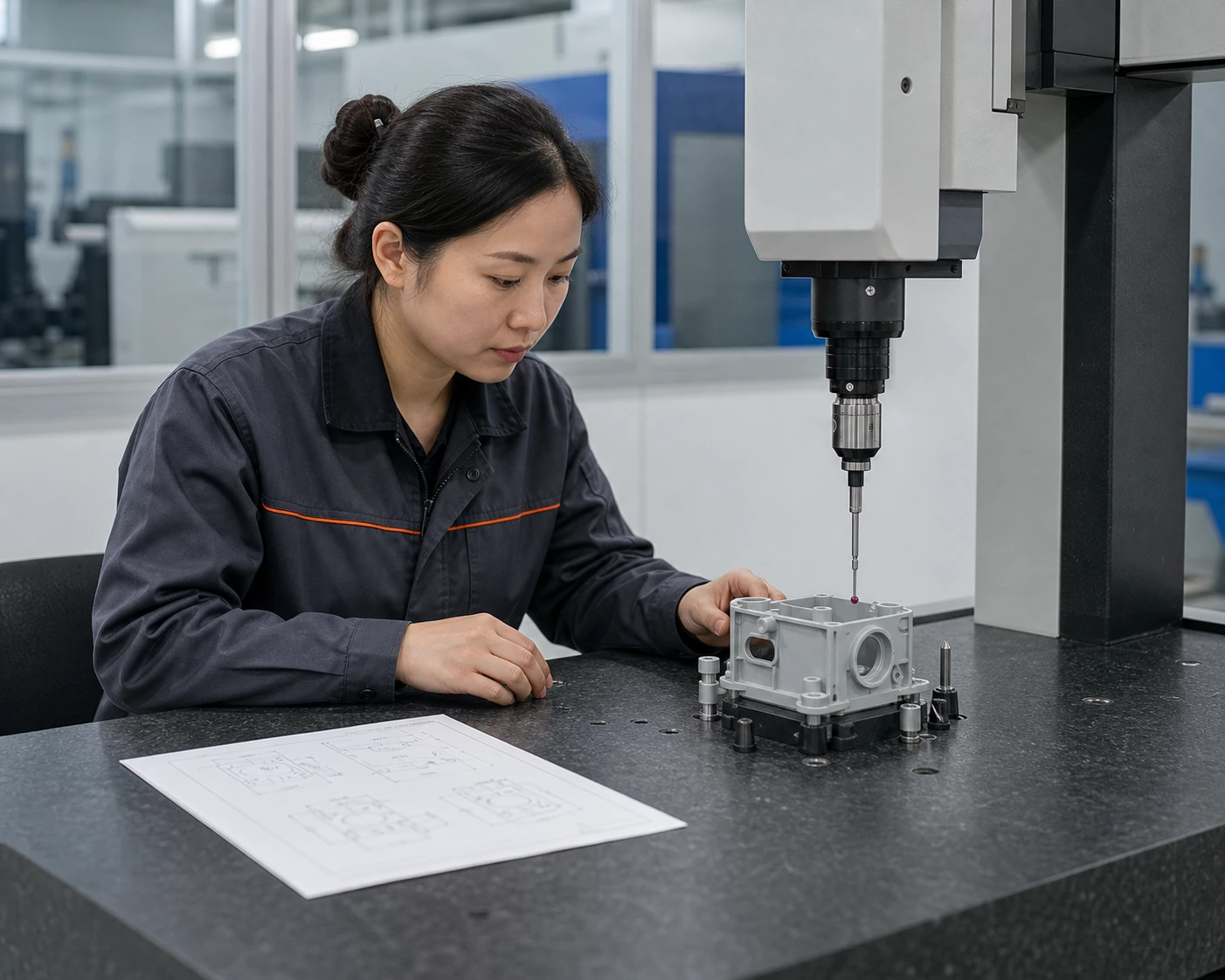 Quality technician performing first article dimensional verification on an injection molded plastic component