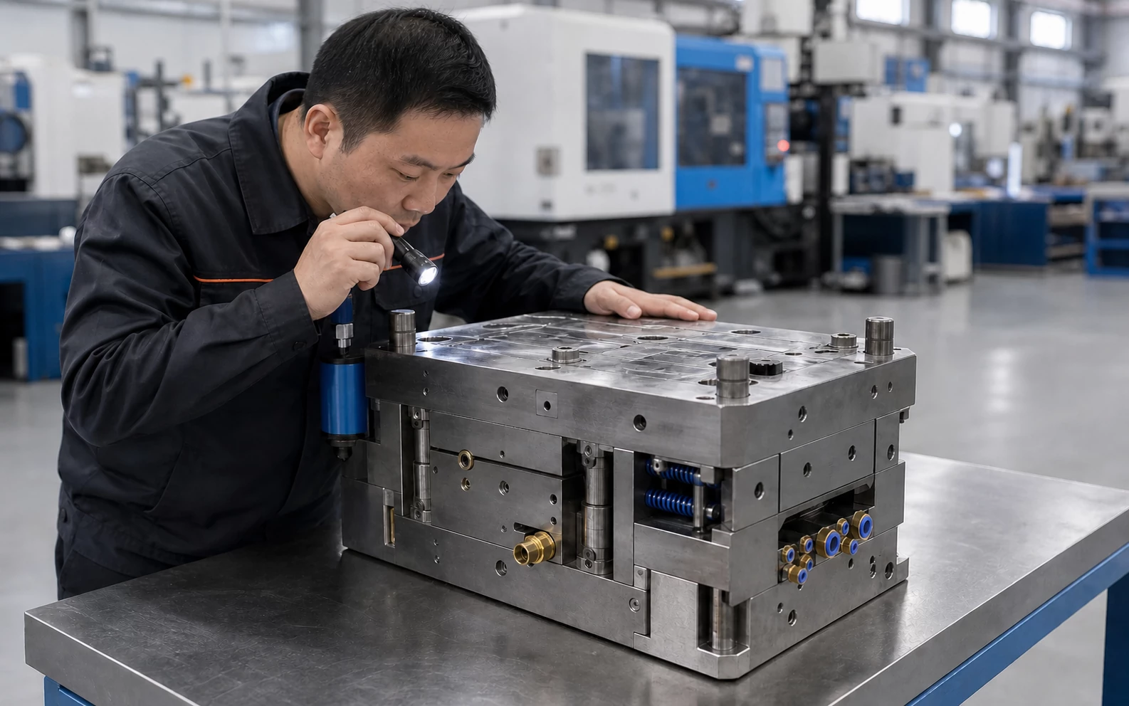 Engineer checking the condition of an incoming injection mold before trial molding