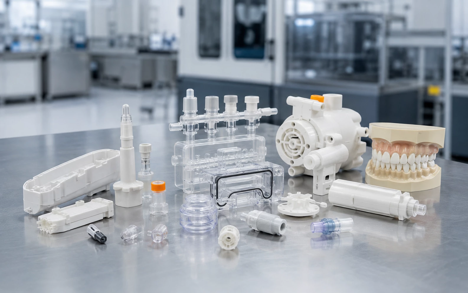 Injection molded medical and dental plastic components in a clean quality laboratory