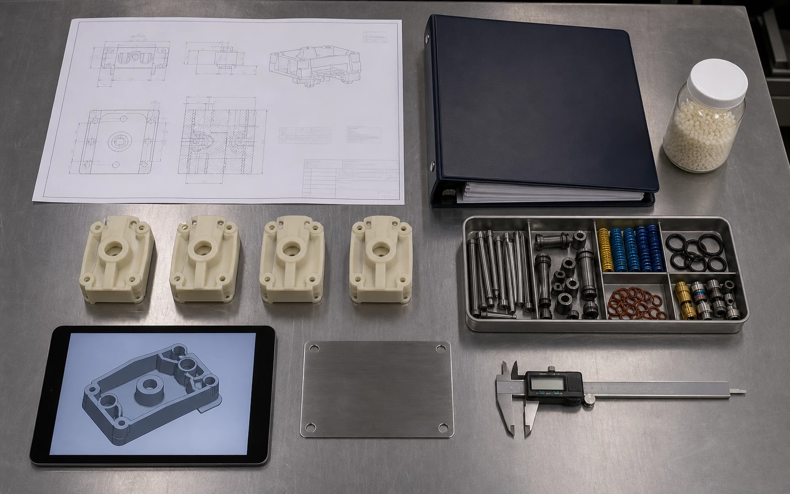 Injection mold transfer package with drawings resin samples approved molded parts and mold spare components