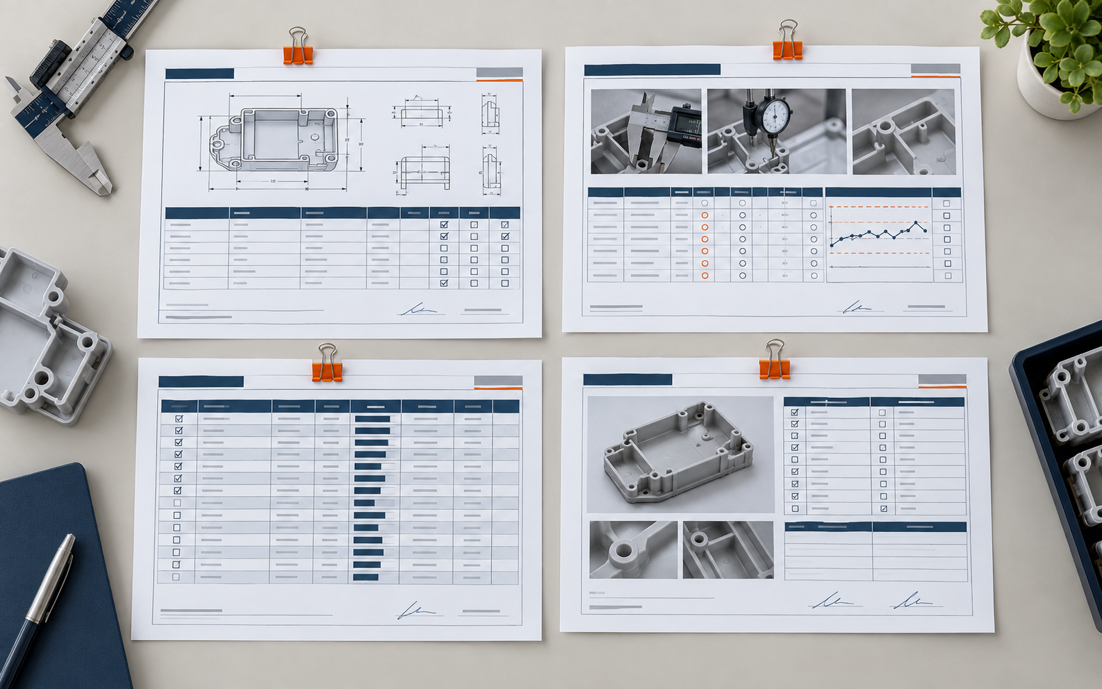 Quality documents for first article inspection, in-process inspection, production records, and final inspection before shipment